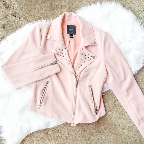 Forever 21 Jackets & Blazers - Forever 21 Pink Asymmetrical Studded Moto Jacket!